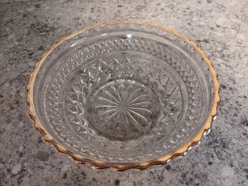 Vintage Anchor Hocking Wexford Clear Crisscross Fruit Desert Dish 14k Gold Rim