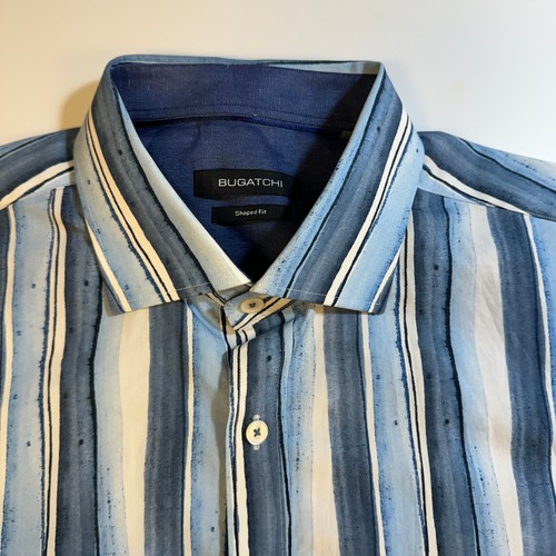 Bugatchi Uomo Shaped Fit Men's Size L Blue Striped Cotton Casual Shirt - Picture 3 of 11