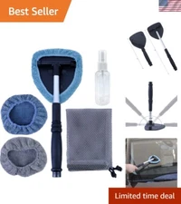 Extendable Windshield Cleaning Tool with Pivoting Head & Microfiber Covers