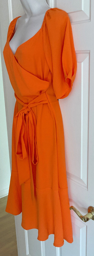 SUGARLIPS Faux Wrap Dress Orange Short Sleeve Flounce Hem Lined Tie Belt Size S