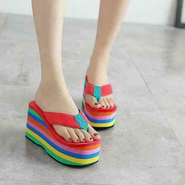 Women Rainbow Flip Flops Wedges High Heels Sandals Creepers Beach