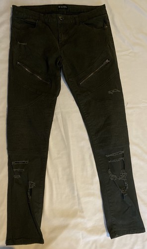 CJ Black Uomo Verde Militare Elasticizzato Moto Skinny Elastico Jeans  Strappati | eBay