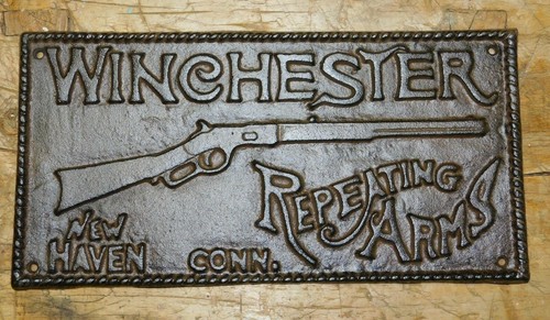 HUGE Cast Iron WINCHESTER Repeating Arms Plaque Sign Rustic Ranch Wall Decor  