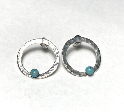 ST SIL Earrings Sterling  Hammered Circles Silver Vintage Artisan Blue 2.85g