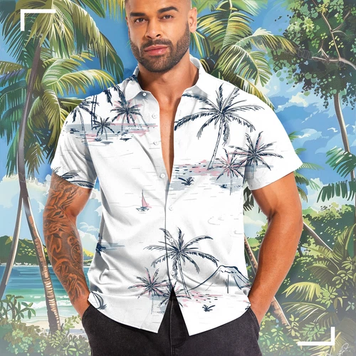 Hawaiianisches Hemd Herren Kokosnussbaum Druck Strand Urlaub Aloha Party kubanischer Kragen - Bild 21 von 48