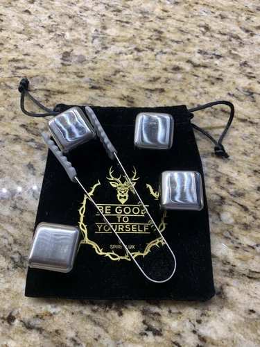 Whiskey Stones Gift Set with 4 Stainless Steel Ice Cubes with Tongs, Bag