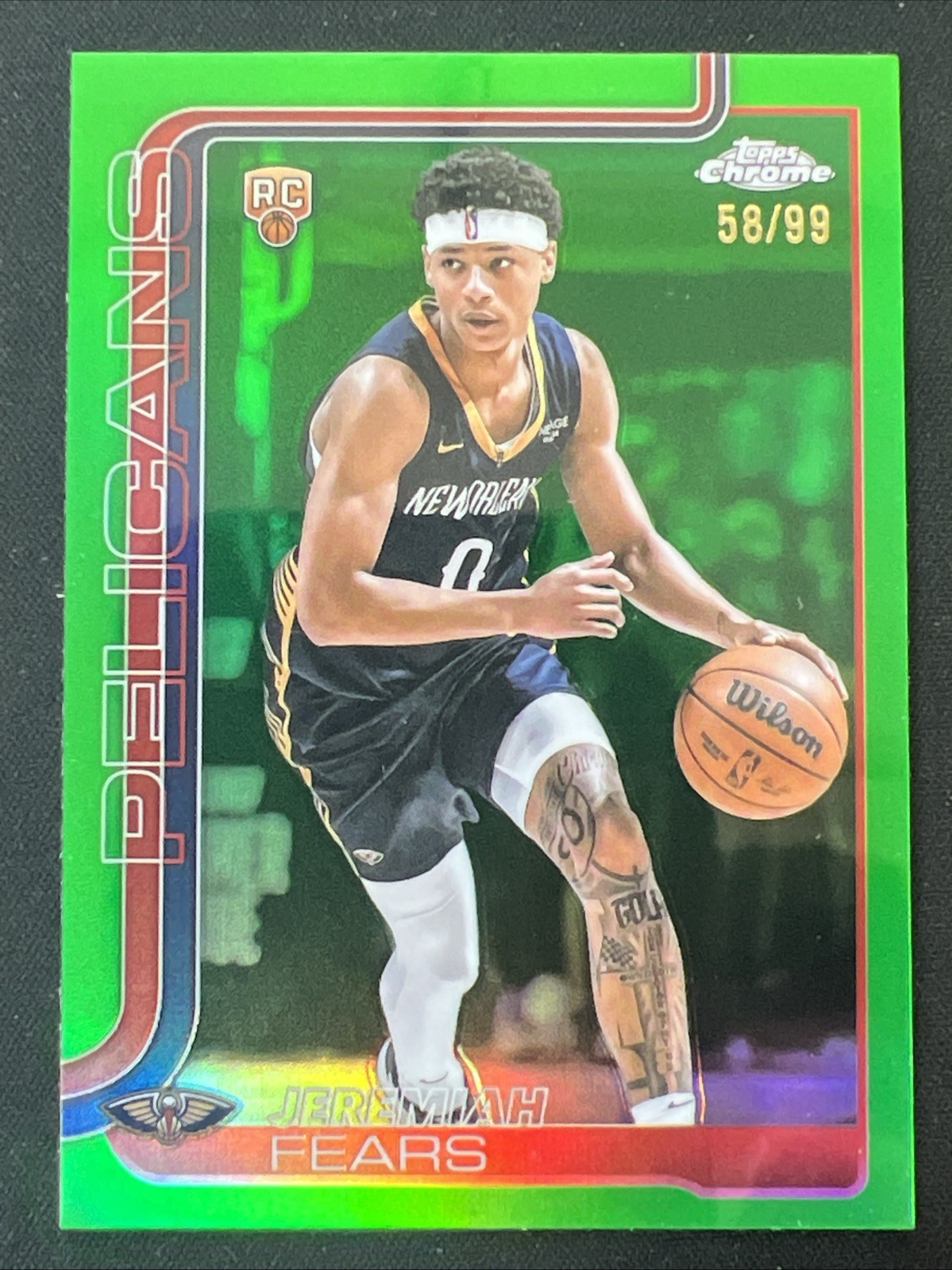 2025-26 Topps Chrome Jeremiah Fears #257 Green Refractor /99 RC Pelicans KM044