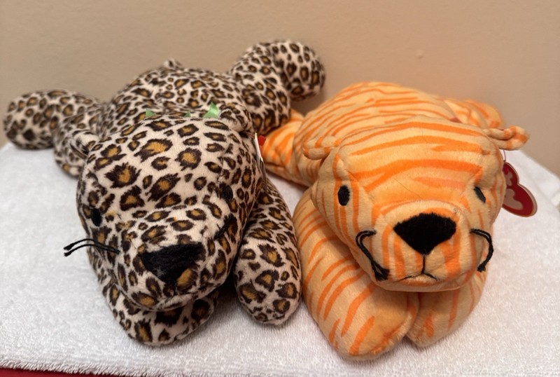 Vintage 90s TY Beanie Baby Pillow Pal Purr Tiger & Speckles Cat Leopard Jaguar
