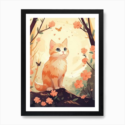 Kawaii Katze Zeichnungen mit Schmetterling gerahmtes Wandbild Poster Leinwanddruck Bild
