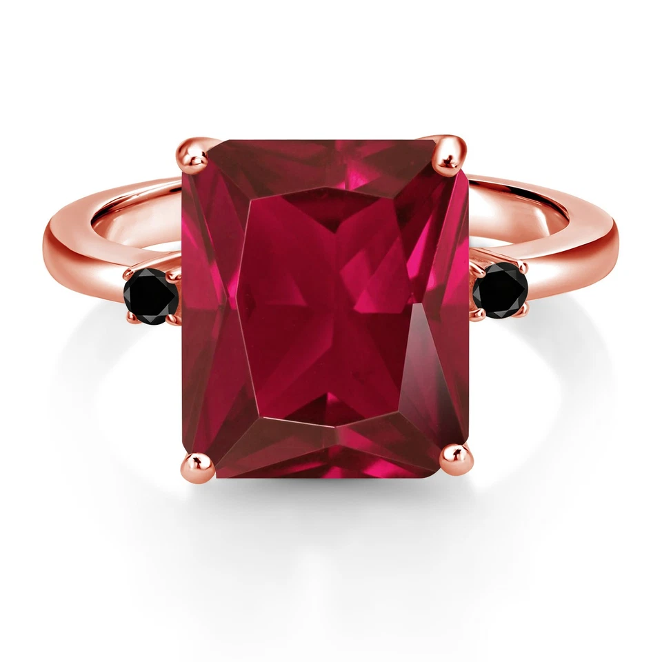 Anillo de plata enchapado en oro rosa de 18 quilates diamante negro rubí creado rojo octágono de 5,77 quilates Foto 2 de 3