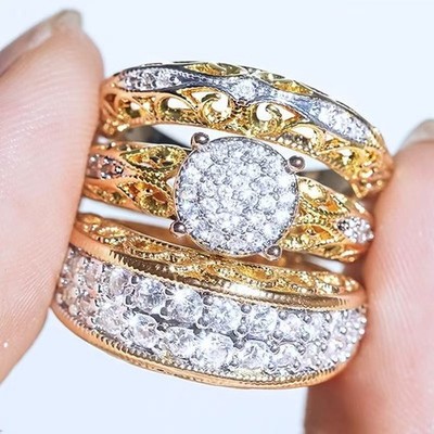 ONE SET 3 PCS Stunning Women 18k Gold Plated Sparkling CZ Band Ring Vintage