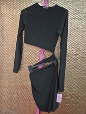 BNWT Prettylittlething Size 10 Black Long Sleeve Cut Out Dress (825/228/v)