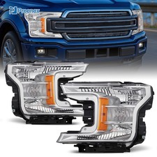 Lh Rh Headlights For 2018-2020 Ford F150 Pickup Truck Halogen Chrome Lamps