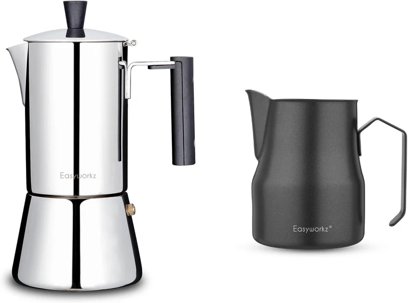 Pedro 6-Cup Stovetop Espresso Maker with a 15 oz stainless steel frothing pitcher