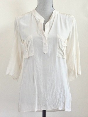Ella Moss 100% Silk Cream Blouse 3/4 Roll Tab Sleeve Popover Pintuck Ecru Small