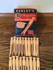 Vintage Penley's Wood Clothespins UNused 19 In Box MCM Round Clothes Pins