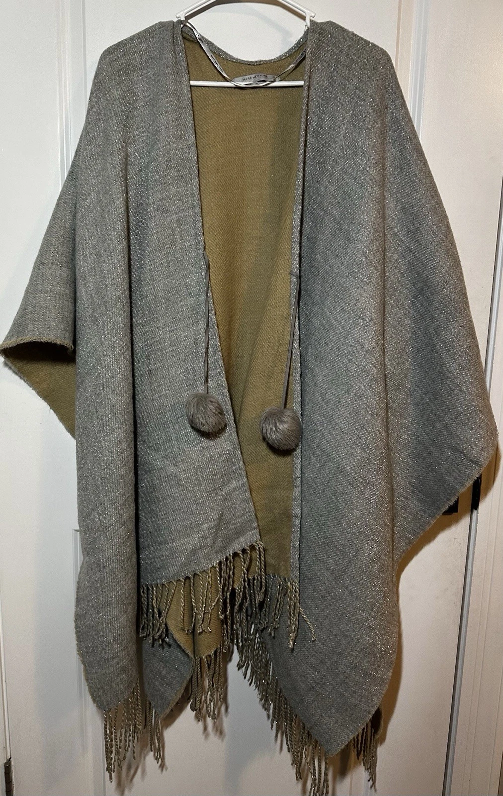 Marc New York Poncho Fringe Silver / Khaki Pompom Tie Cape Wrap Women's One Size
