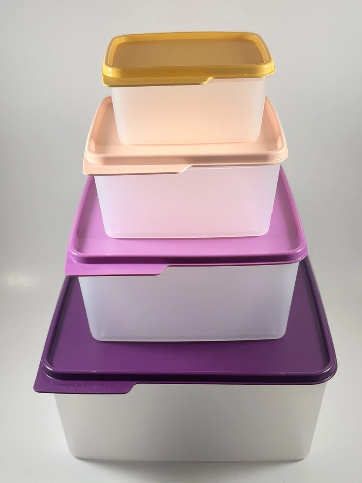 Tupperware Keeptabs Juego de almacenamiento de alimentos apilables de 4 contenedores, tapas multicolores Nuevo en caja Foto 2 de 4