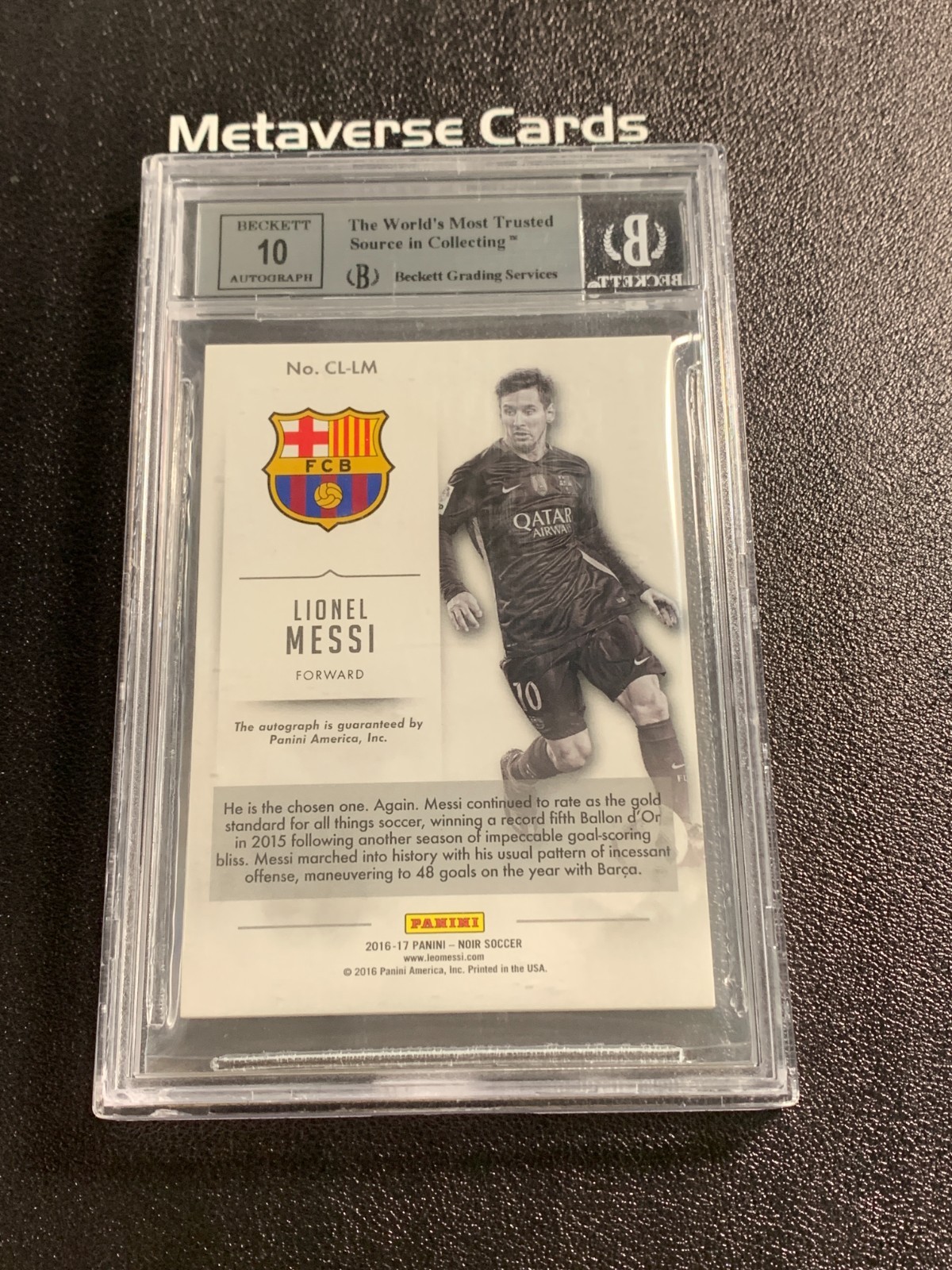 2016-17 Panini Noir Lionel Messi Club Signatures Gold Auto 18/40 BGS 9/10 view 2