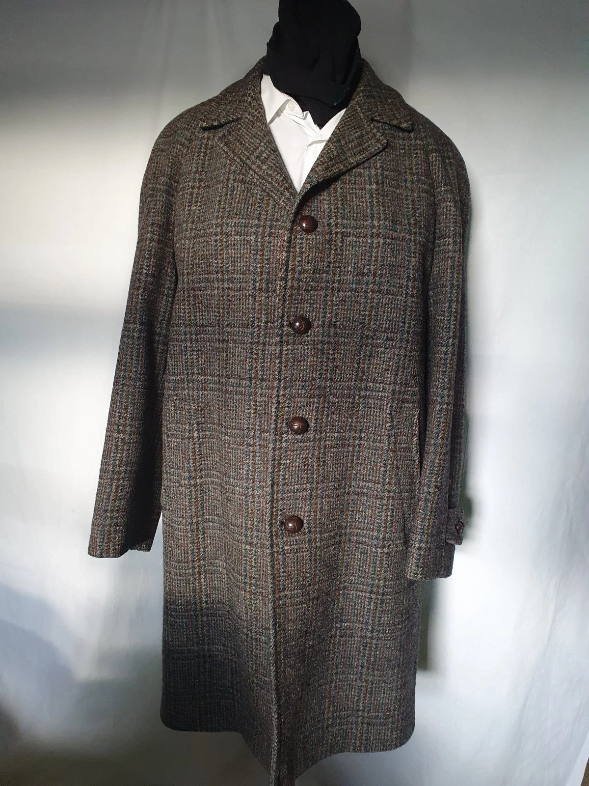 Vintage Dunn & Co. Harris Tweed Overcoat --  Classic Green Brown Check