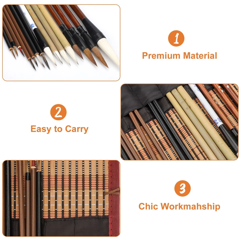15PCS Chinese Calligraphy Brush Set w/ Brush Roll Soft Hair Art Painting Brushes - Image 4 of 4