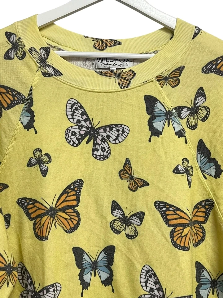 Sudadera Wildfox Para Mujer XL Amarilla Estampado Mariposa Pullover Cuello Redondo Hecha en EE. UU. Foto 3 de 4
