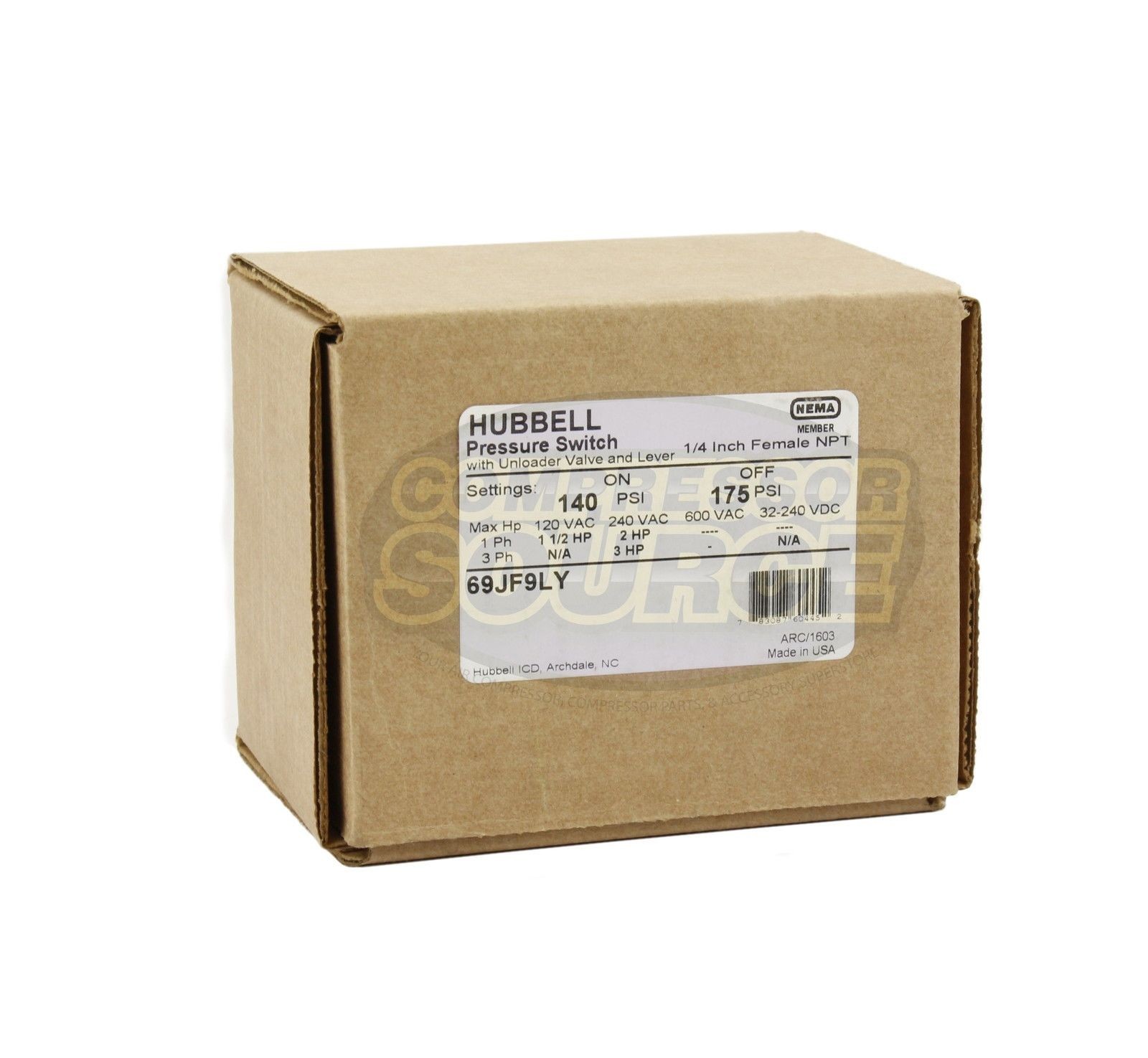 Hubbell 69JF9LY Furnas Air Compressor Pressure Switch Control Valve 140-175 PSI