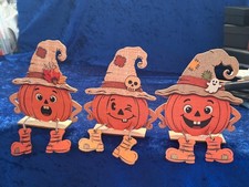 SET of 3 WOODEN PUMPKIN JACK O LANTERN SHELF SITTERS 5 x4 DIY NIP