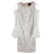 Xscape Dress Women’s Size 4 Lace Sheath Cold Shoulder Bell Sleeve White Nude