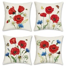 Poppy Floral Pillow Covers 18x18 Set of 4 Spring Red Flowers Gifts Decorative...