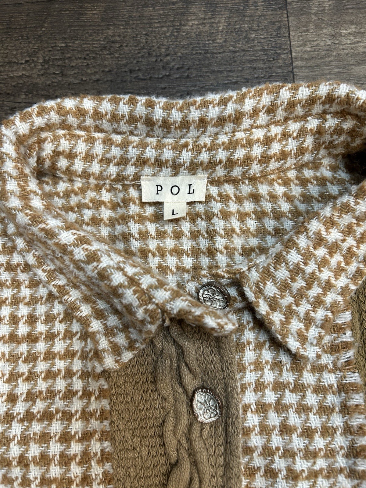 POL Pieced Patchwork Houndstooth Shacket Mocha Mu… - image 2