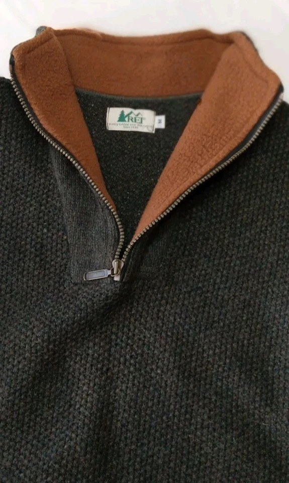 Mens REI Wool/Nylon Pullon Sweater. Deep Moss Green with Stylish Elbow Patches . - Image 2 of 4