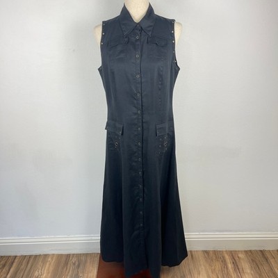 Nikki Valentine Black Irish Linen Maxi Dress Siz 10 Sleeveless Eyelets Lagenlook