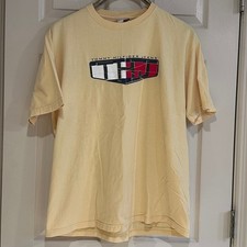 Vintage Tommy Hilfiger Jeans T-Shirt Yellow Graphic Logo Made in USA Mens Large