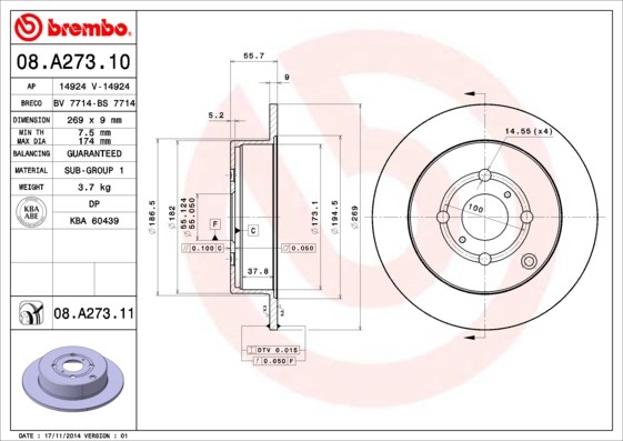 Disque de frein arrière TOYOTA BREMBO 08.A273.11 : kit de freinage plein 5 trous