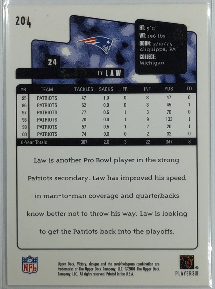 2001 Upper Deck Victory Ty Law #204 - Image 2 of 3
