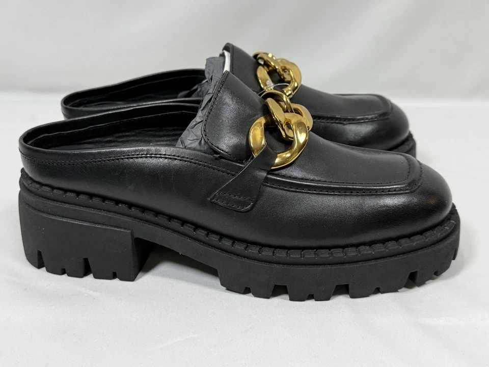 Mocassim de couro Free People Lyra Link mules com corrente dourada novo!