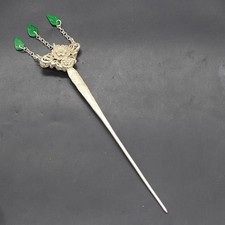 Tibetan Silver Headwear Hairpin,China Old craft tassel Green jade pendant