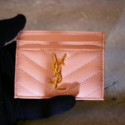 Saint Laurent YSL Logo Card Wallet Card Holder Pink Gold Women Credit Card
