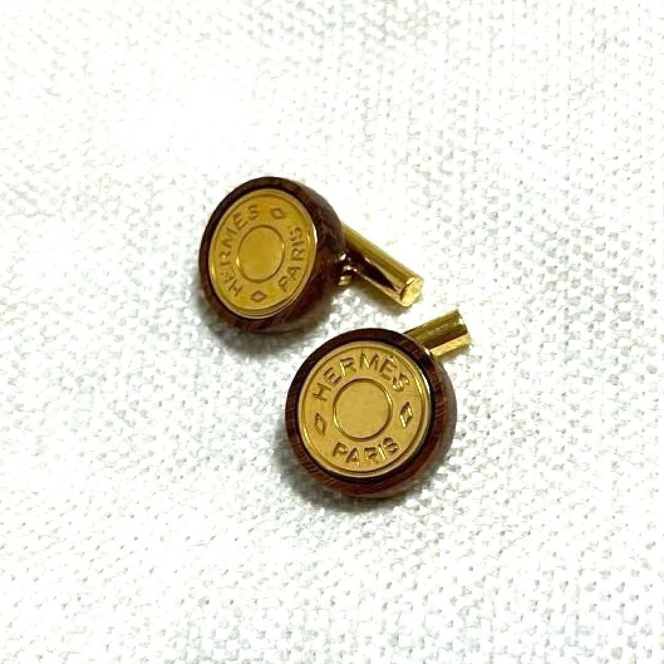 HERMES Gemelos Redondos Cadena Dorada Botón Madera Metal Serie Con Caja Foto 2 de 4
