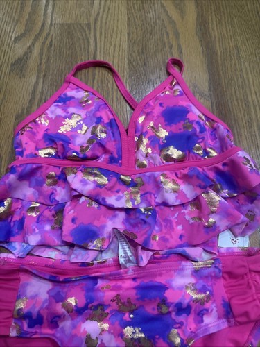 New Justice Girls 2 Piece Tankini SwimSuit Bikini Size 12 NWT Pink Swimming Suit - Picture 2 of 11