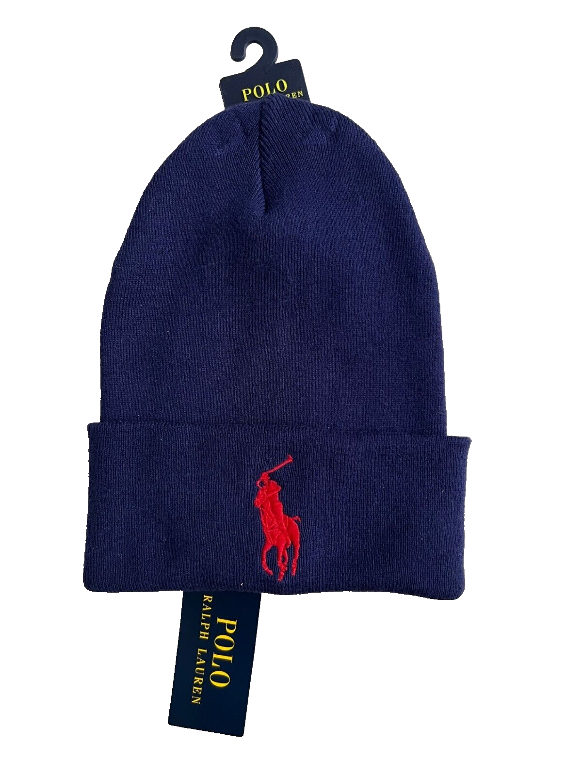 Cappello berretto polo Ralph Lauren cotone grande pony rosso polsino lavorato a maglia blu