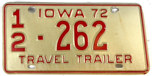 Vintage Iowa 1972 Travel Trailer License Plate 12 262 Garage Butler Co ...
