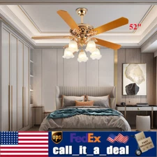 52" Modern Ceiling Fan Light 5 Wood Blades Lamp Chandelier 3-Speed w/Remote