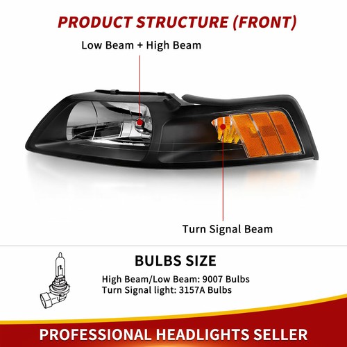 Black Amber Corner Headlights Clear Lens for 1999-2004 Ford Mustang Headlamps - Picture 3 of 10