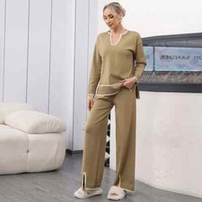 Tailleur Tuta Completo Outfit Set Maglia Pantaloni Marrone Over Morbido 19688