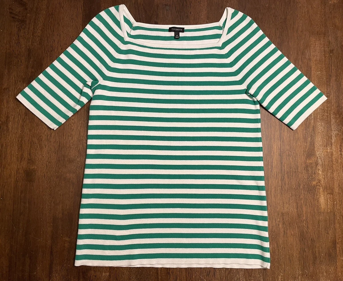 TALBOTS MEDIUM GREEN WHITE STRIPED SHORT SLEEVE SWEATER eBay