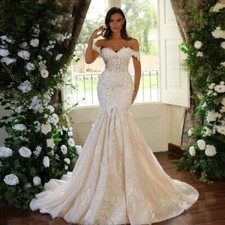 3D Flower Appliqu  Mermaid Wedding Dress with Cap Sleeves,Lace-Up Princess Bride