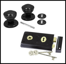 5 1/2" x 3" Black Double Handed Rimlock & Knobs Reversible Bolt Outwards Opening