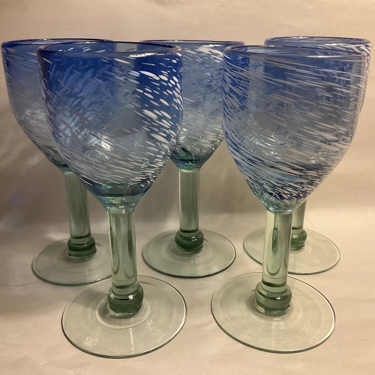 Set Of 5 Heavy Wine Glasses Beach/Ocean Blue Glass, White Paint, Green Stem